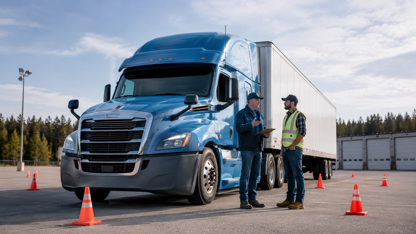 Truck driving instructor training a student beside a semi truck in a yard